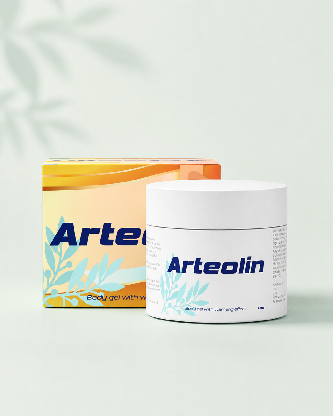 Cutia Arteolin alături de capsule, pe un fundal neutru